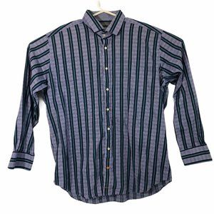 Thomas Dean Button Up Shirt Mens XXL Striped Checks Blue Long Sleeves Flip Cuffs